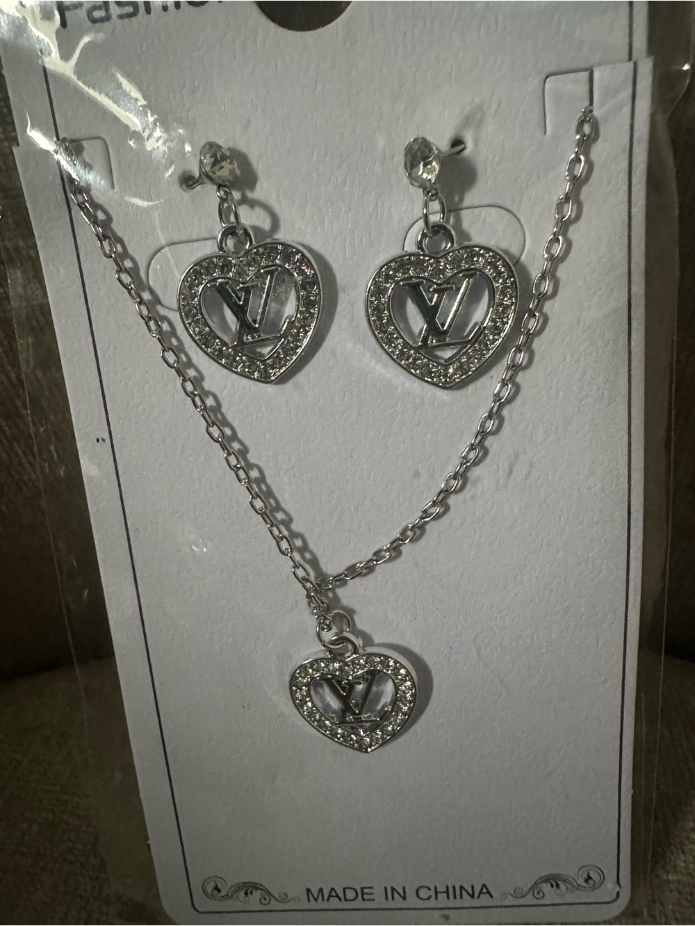 Silver Heart Pendant Necklace and Earrings Set - Clear Crystal Accents